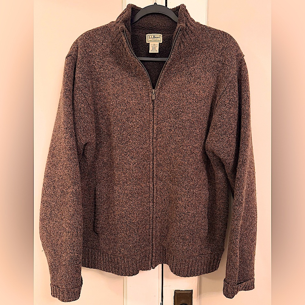L.L. Bean Lamb's Wool Fleece Lined Full Zip Heavy Brown Sweater Men's Medium